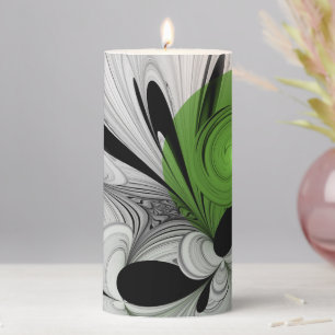 Abstract Black and White with Green Fractal Art Pillar Candle