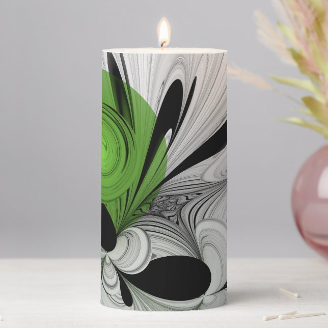 Abstract Black and White with Green Fractal Art Pillar Candle (In Situ)
