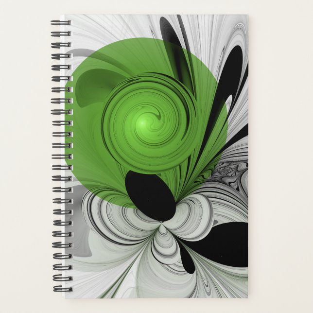 Abstract Black and White with Green Fractal Art Planner (Front)