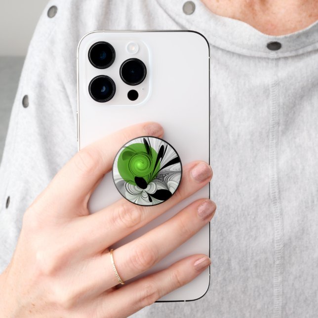 Abstract Black and White with Green Fractal Art PopSocket (Hand)