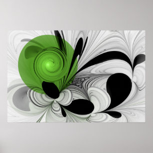 Abstract Black and White with Green Fractal Art Poster