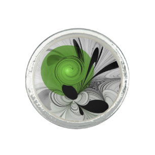 Abstract Black and White with Green Fractal Art Ring