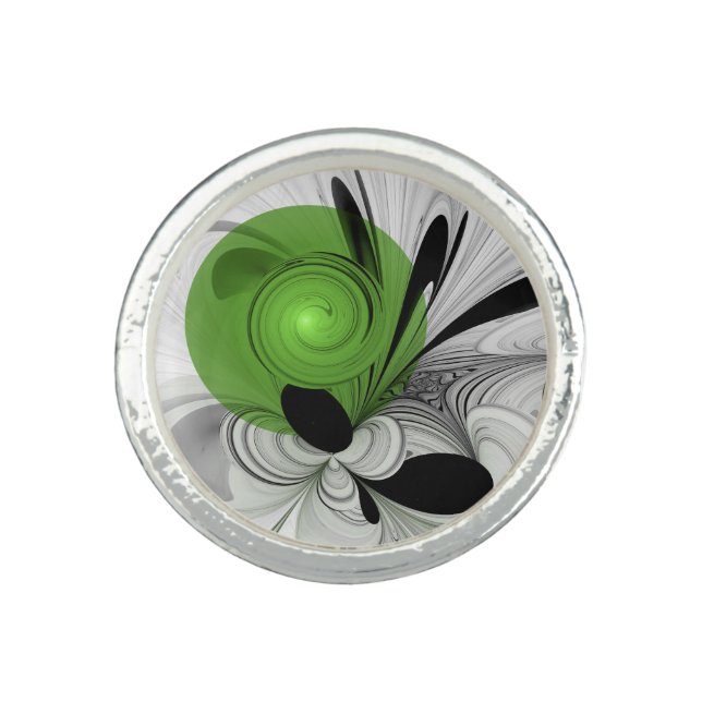 Abstract Black and White with Green Fractal Art Ring (Front)