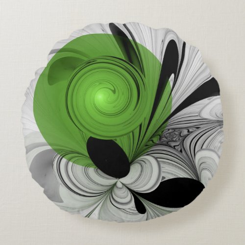 Abstract Black and White with Green Fractal Art Round Pillow