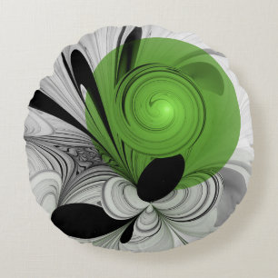 Abstract Black and White with Green Fractal Art Round Pillow