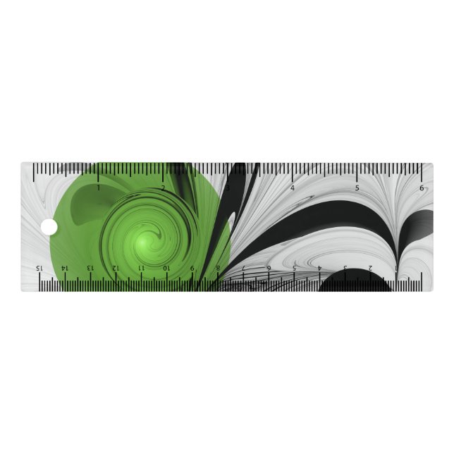 Abstract Black and White with Green Fractal Art Ruler (Front)