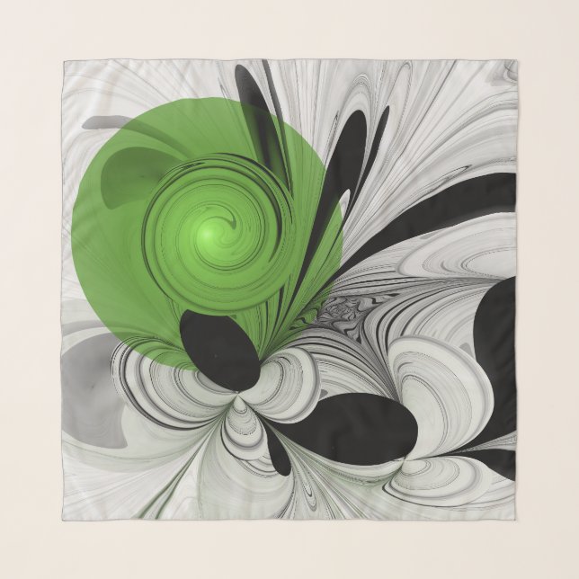 Abstract Black and White with Green Fractal Art Scarf (Front)