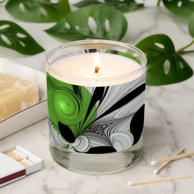 Abstract Black and White with Green Fractal Art Scented Candle (Lit)