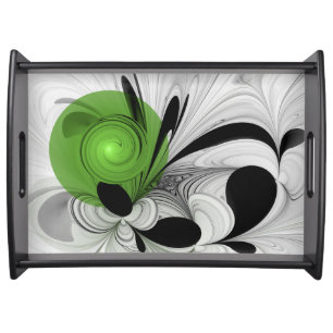 Abstract Black and White with Green Fractal Art Serving Tray