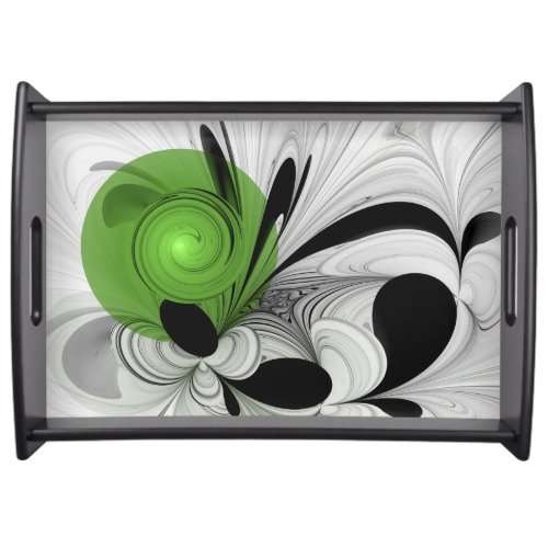 Abstract Black and White with Green Fractal Art Serving Tray