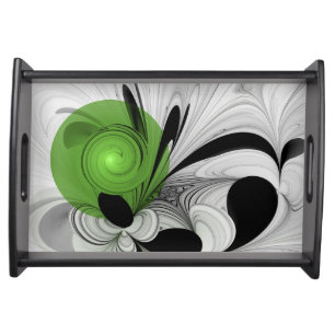 Abstract Black and White with Green Fractal Art Serving Tray