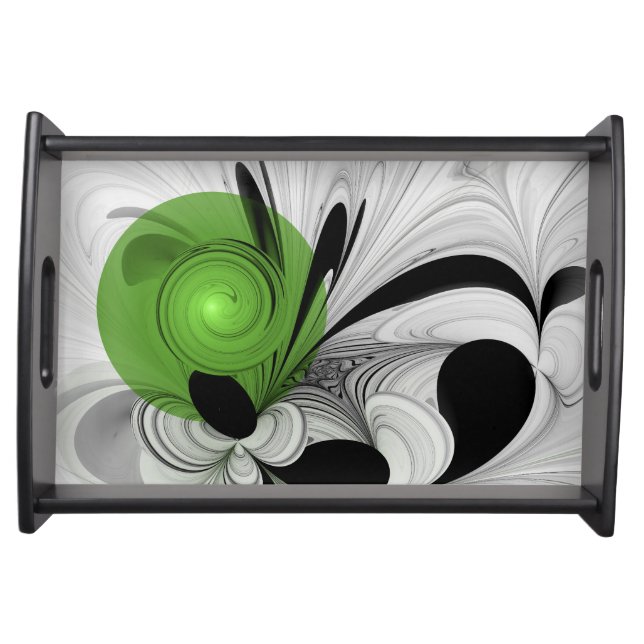Abstract Black and White with Green Fractal Art Serving Tray (Front)