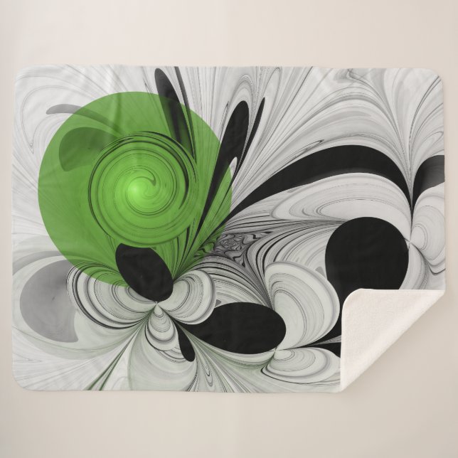 Abstract Black and White with Green Fractal Art Sherpa Blanket (Front (Horizontal))