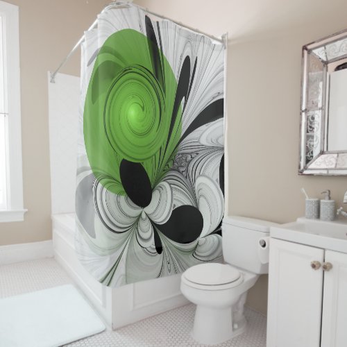 Abstract Black and White with Green Fractal Art Shower Curtain