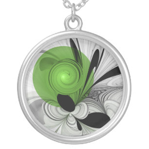 Abstract Black and White with Green Fractal Art Silver Plated Necklace