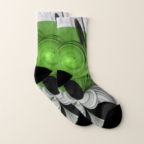 Abstract Black and White with Green Fractal Art Socks