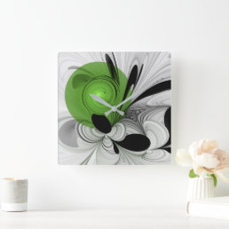 Abstract Black and White with Green Fractal Art Square Wall Clock
