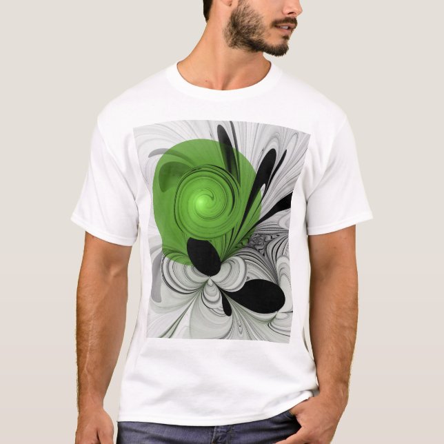 Abstract Black and White with Green Fractal Art T-Shirt (Front)