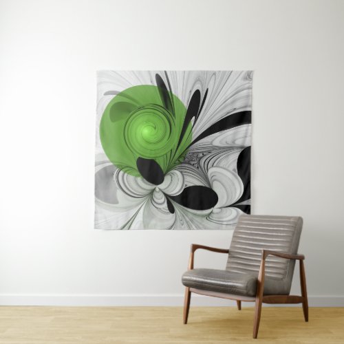 Abstract Black and White with Green Fractal Art Tapestry