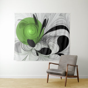 Abstract Black and White with Green Fractal Art Tapestry