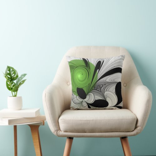 Abstract Black and White with Green Fractal Art Throw Pillow