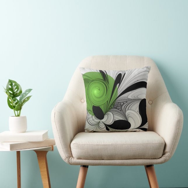 Abstract Black and White with Green Fractal Art Throw Pillow (Chair)