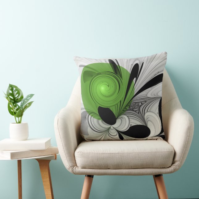 Abstract Black and White with Green Fractal Art Throw Pillow (Chair)