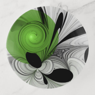 Abstract Black and White with Green Fractal Art Trinket Tray