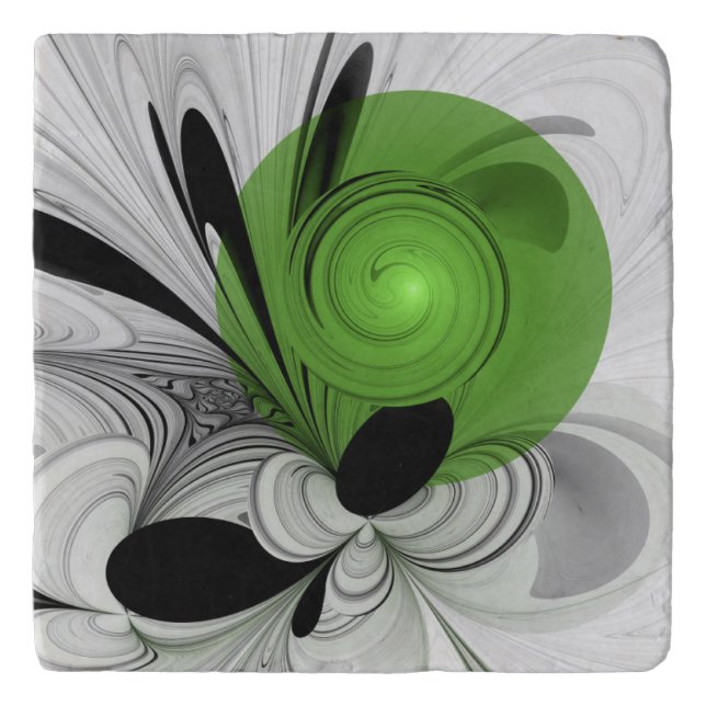 Abstract Black and White with Green Fractal Art Trivet (Front)