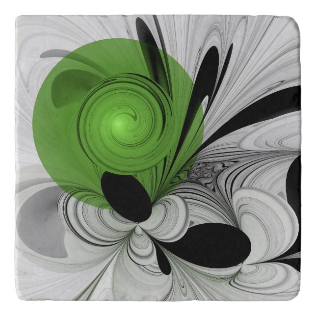 Abstract Black and White with Green Fractal Art Trivet (Front)