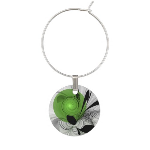 Abstract Black and White with Green Fractal Art Wine Charm