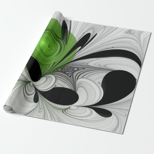 Abstract Black and White with Green Fractal Art Wrapping Paper