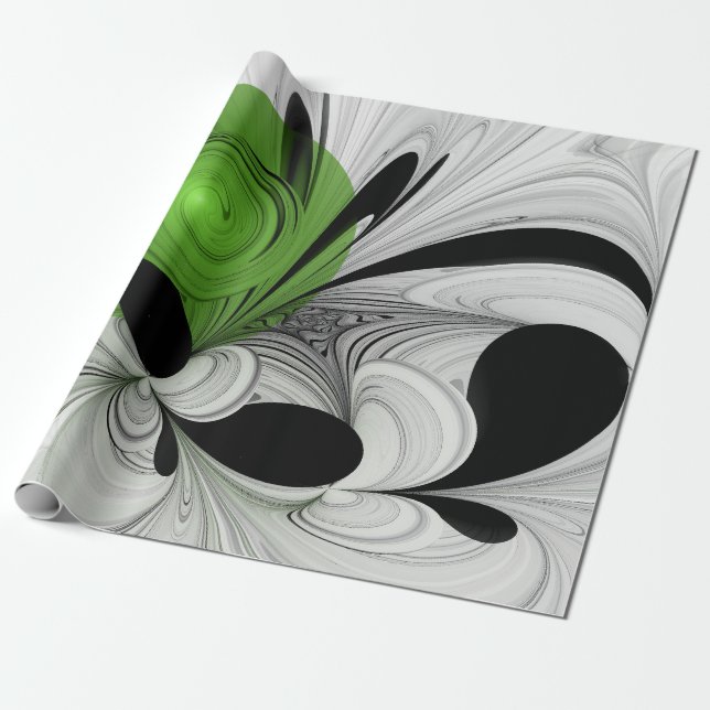 Abstract Black and White with Green Fractal Art Wrapping Paper (Unrolled)