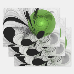 Abstract Black and White with Green Fractal Art Wrapping Paper Sheets
