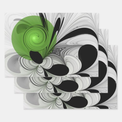 Abstract Black and White with Green Fractal Art Wrapping Paper Sheets