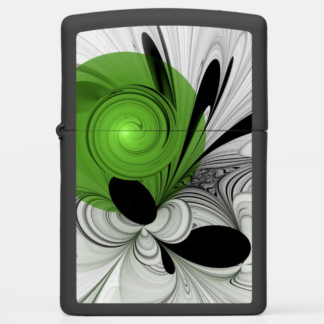 Abstract Black and White with Green Fractal Art Zippo Lighter (Front)