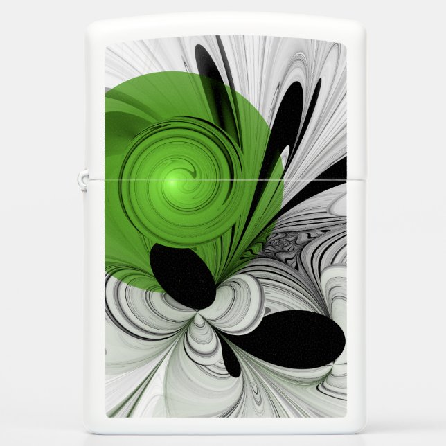 Abstract Black and White with Green Fractal Art Zippo Lighter (Front)