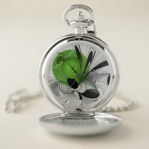 Abstract Black and White with Green Fractal Name Pocket Watch