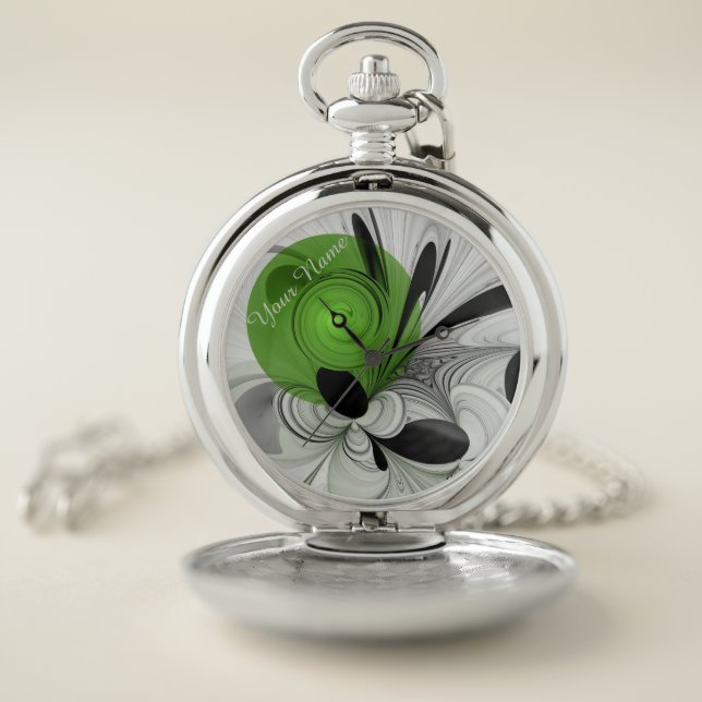 Abstract Black and White with Green Fractal Name Pocket Watch (Inside)