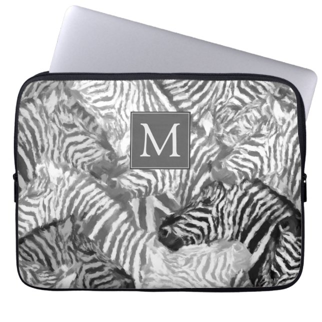 Abstract Black and White Zebra Art Monogram Laptop Sleeve (Front)