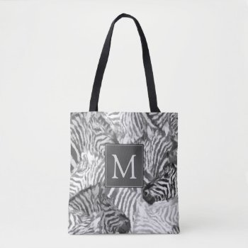 Abstract Black And White Zebra Art Monogram Tote Bag by LouiseBDesigns at Zazzle