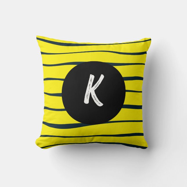 Abstract Black and Yellow Lines Monogram Throw Pillow (Front)