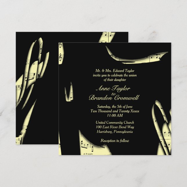 Abstract Black and Yellow Music Wedding Invitation (Front/Back)
