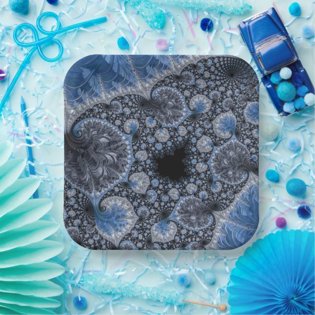Abstract Black Blue Fractal Paper Plates (Party)