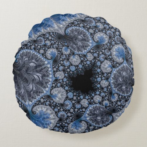 Abstract Black Blue Fractal Round Pillow