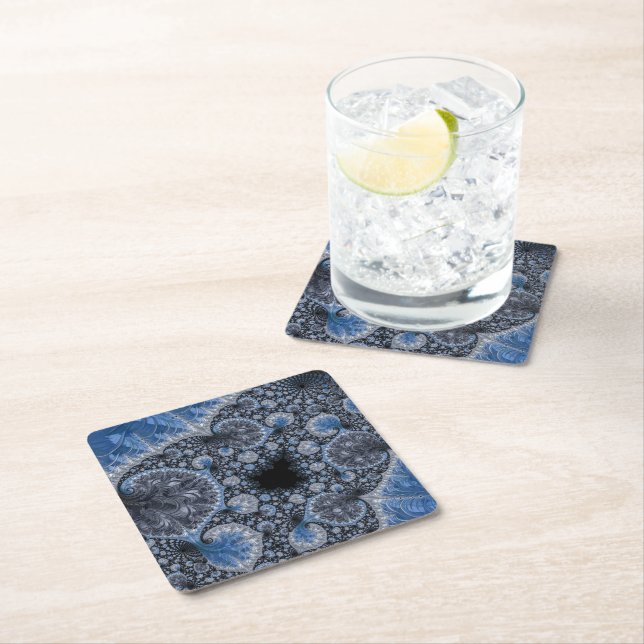 Abstract Black Blue Fractal Square Paper Coaster (Insitu)