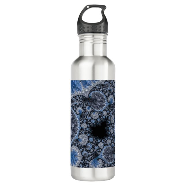 Abstract Black Blue Fractal Stainless Steel Water Bottle (Front)