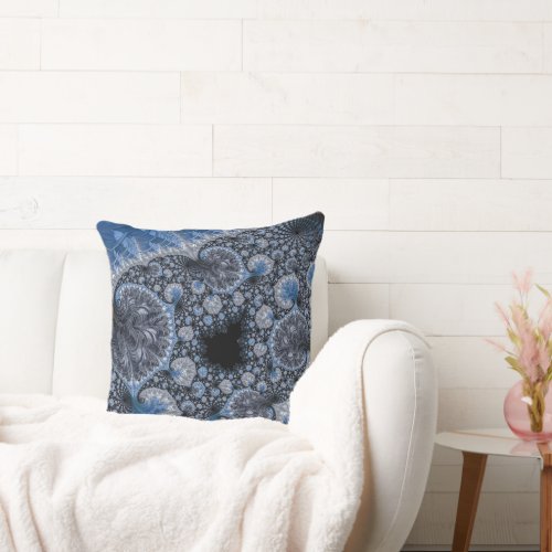 Abstract Black Blue Fractal Throw Pillow