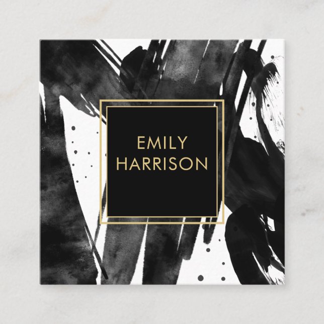 Abstract Black Brushstrokes Gold Border Square Business Card (Front)