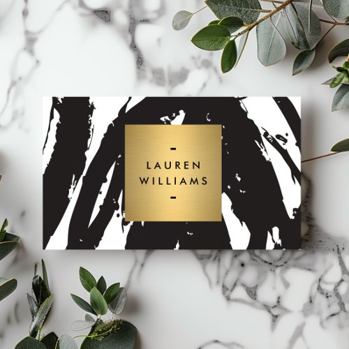 Abstract Black Brushstrokes with Gold Name Logo Business Card